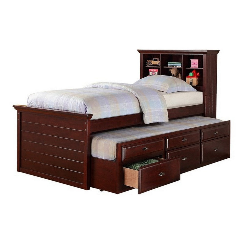 Toni Twin Size Trundle Bed with 6 Drawers, Bookcase Headboard, Brown Wood