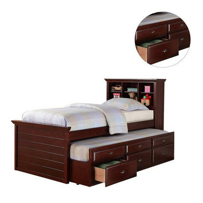 Toni Twin Size Trundle Bed with 6 Drawers, Bookcase Headboard, Brown Wood