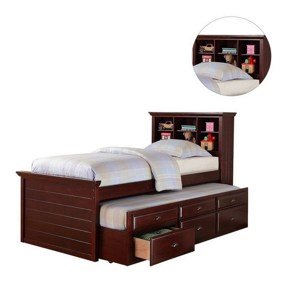 Toni Twin Size Trundle Bed with 6 Drawers, Bookcase Headboard, Brown Wood