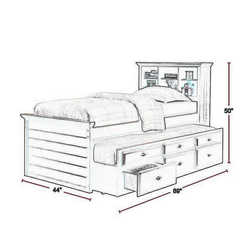 Toni Twin Size Trundle Bed with 6 Drawers, Bookcase Headboard, Brown Wood