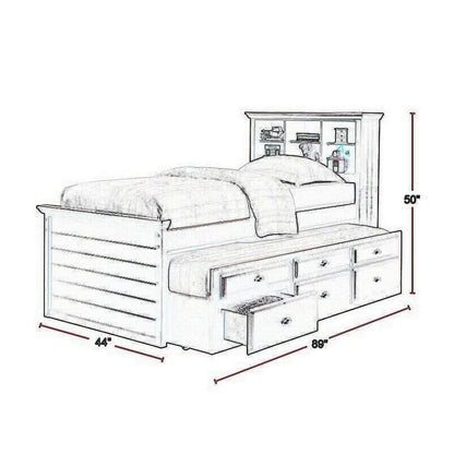 Toni Twin Size Trundle Bed with 6 Drawers, Bookcase Headboard, Brown Wood
