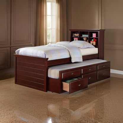 Toni Twin Size Trundle Bed with 6 Drawers, Bookcase Headboard, Brown Wood