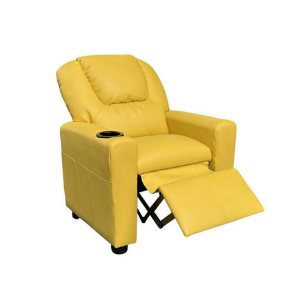 Kids Youth Recliner Chair with Cup Holder, Yellow Faux Leather Upholstery