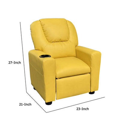 Kids Youth Recliner Chair with Cup Holder, Yellow Faux Leather Upholstery