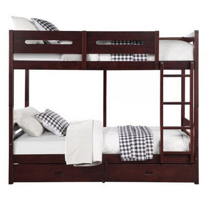 Asin Twin Bunk Bed, Front Facing Ladder, Storage, Solid Pine Wood, Brown