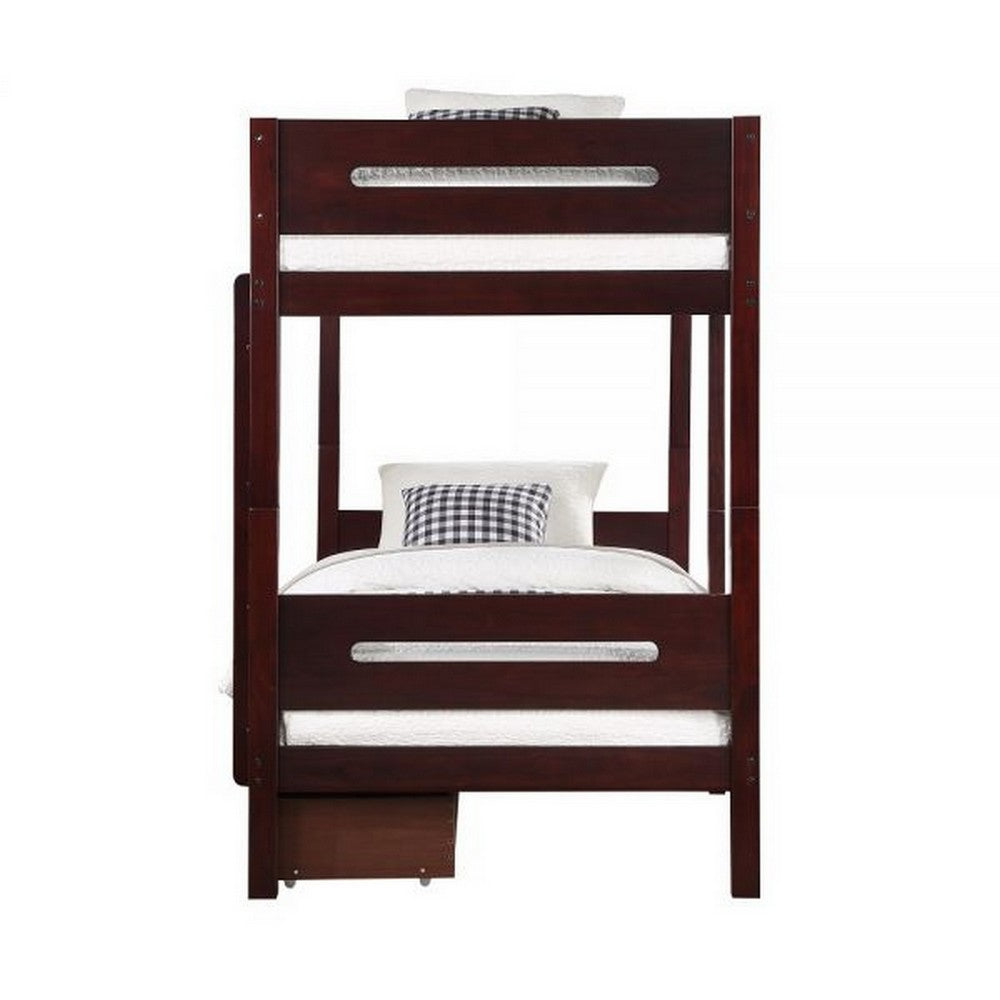 Asin Twin Bunk Bed, Front Facing Ladder, Storage, Solid Pine Wood, Brown