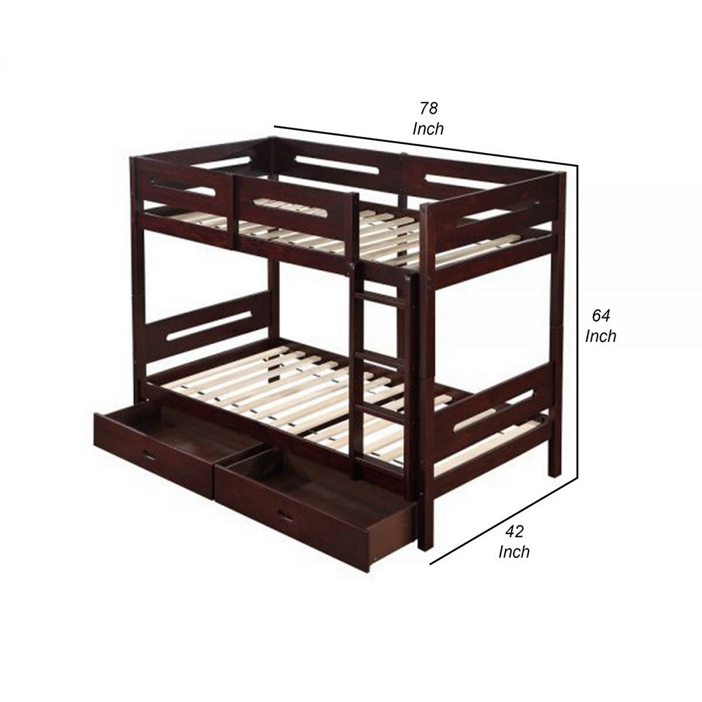 Asin Twin Bunk Bed, Front Facing Ladder, Storage, Solid Pine Wood, Brown