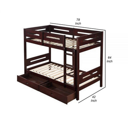 Asin Twin Bunk Bed, Front Facing Ladder, Storage, Solid Pine Wood, Brown