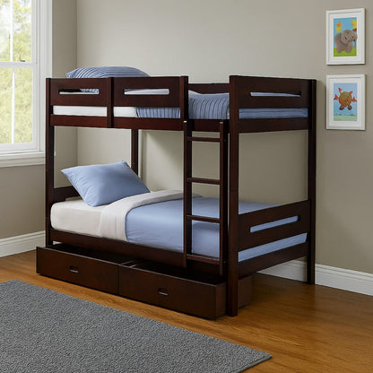Asin Twin Bunk Bed, Front Facing Ladder, Storage, Solid Pine Wood, Brown