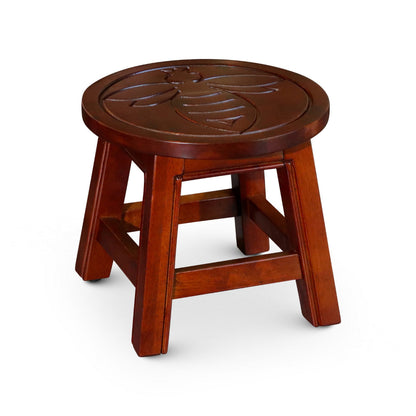 11 Inch Step Stool Footrest, Wood Carved Queen Bee, Round, Cherry Brown