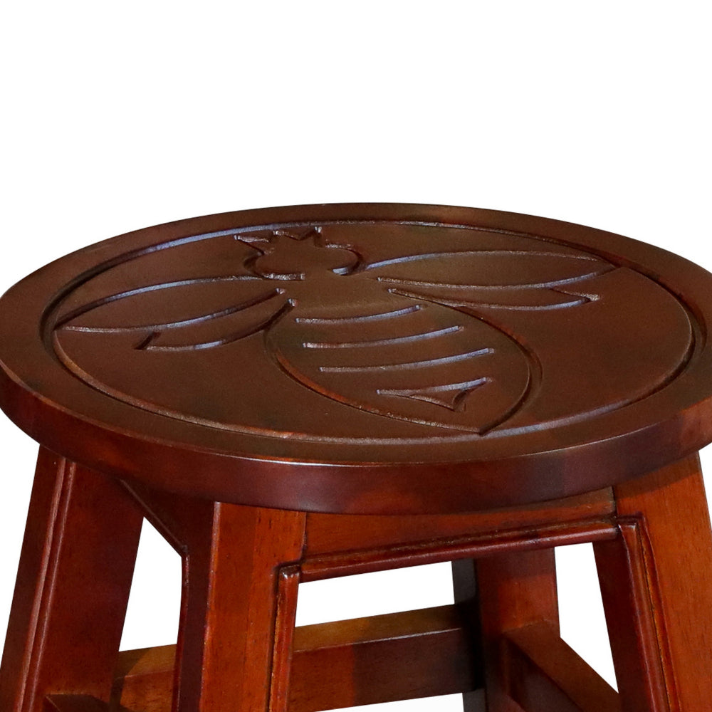 11 Inch Step Stool Footrest, Wood Carved Queen Bee, Round, Cherry Brown