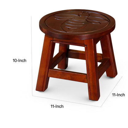 11 Inch Step Stool Footrest, Wood Carved Queen Bee, Round, Cherry Brown