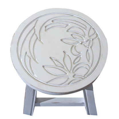 Sidi 11 Inch Step Stool Footrest, Wood Floral Print, Round, Antique White