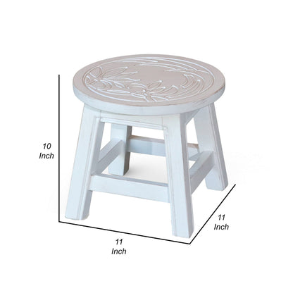 Sidi 11 Inch Step Stool Footrest, Wood Floral Print, Round, Antique White