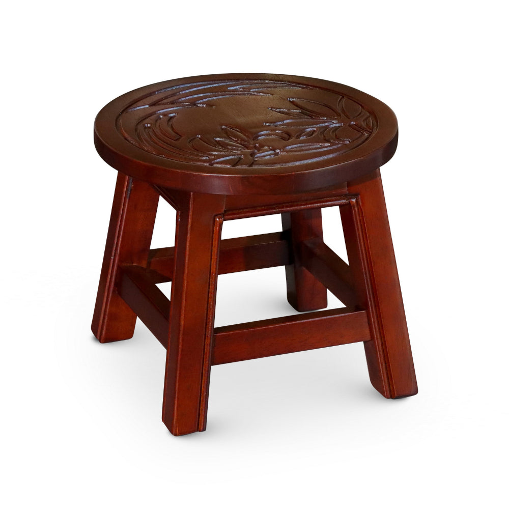 Sidi 11 Inch Step Stool Footrest, Wood Floral Print, Round, Cherry Finish