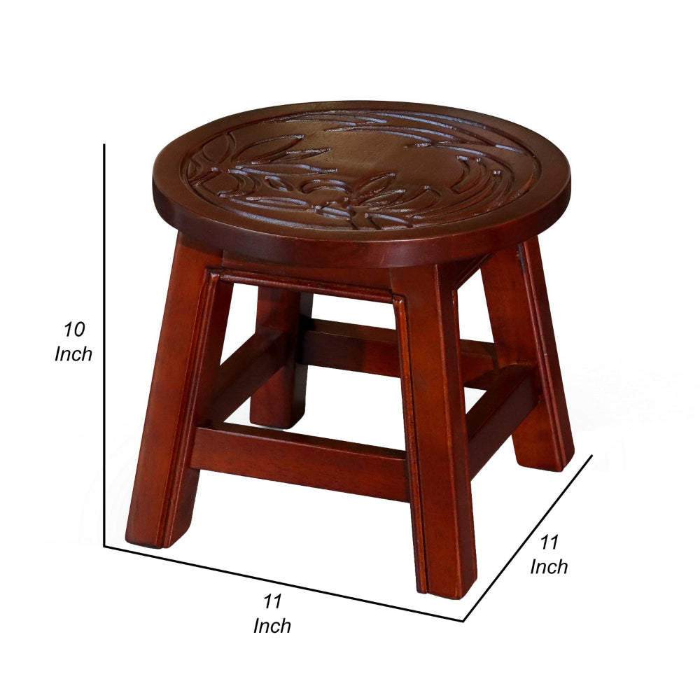 Sidi 11 Inch Step Stool Footrest, Wood Floral Print, Round, Cherry Finish