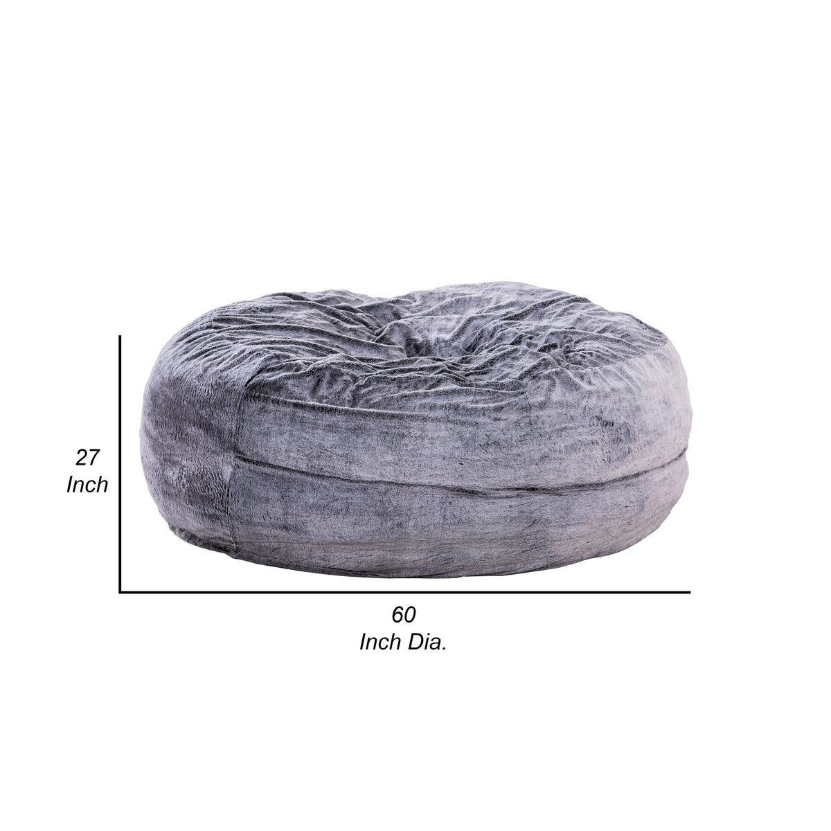 60 Inch Bean Bag, Round Shape, Foam Filling, Polyester Upholstery, Gray
