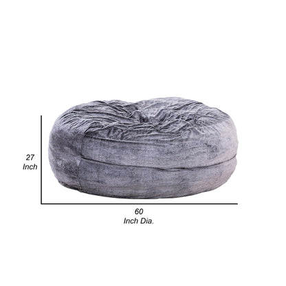 60 Inch Bean Bag, Round Shape, Foam Filling, Polyester Upholstery, Gray