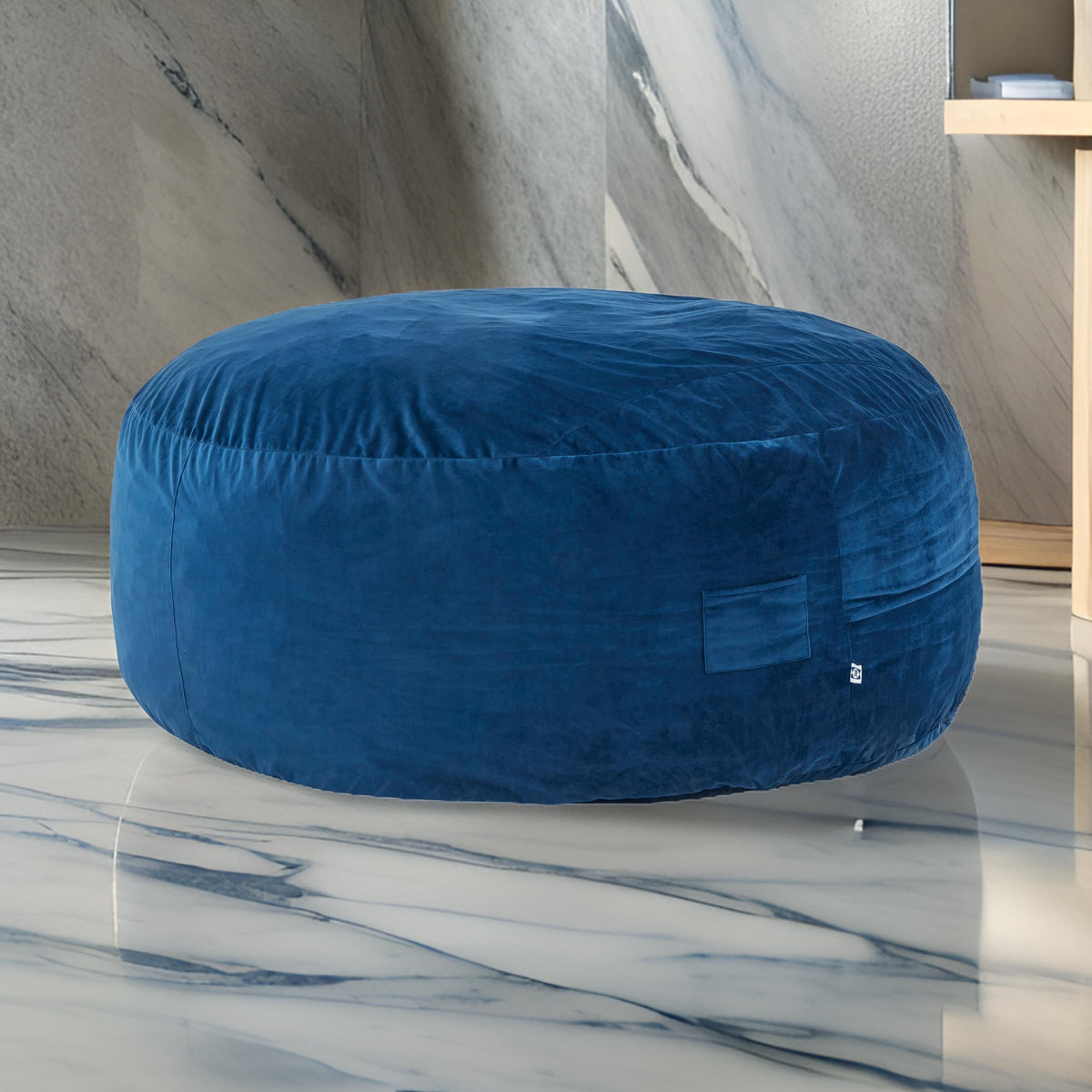 Olio 70 Inch Bean Bag, Round, Foam Filling, Velvet Upholstery, Navy Blue