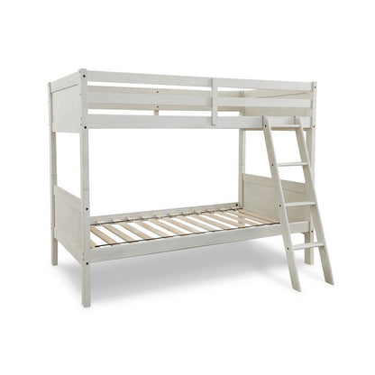 Lea Twin Size Bunk Bed, Wooden Ladder, Traditional Crisp White