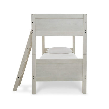 Lea Twin Size Bunk Bed, Wooden Ladder, Traditional Crisp White
