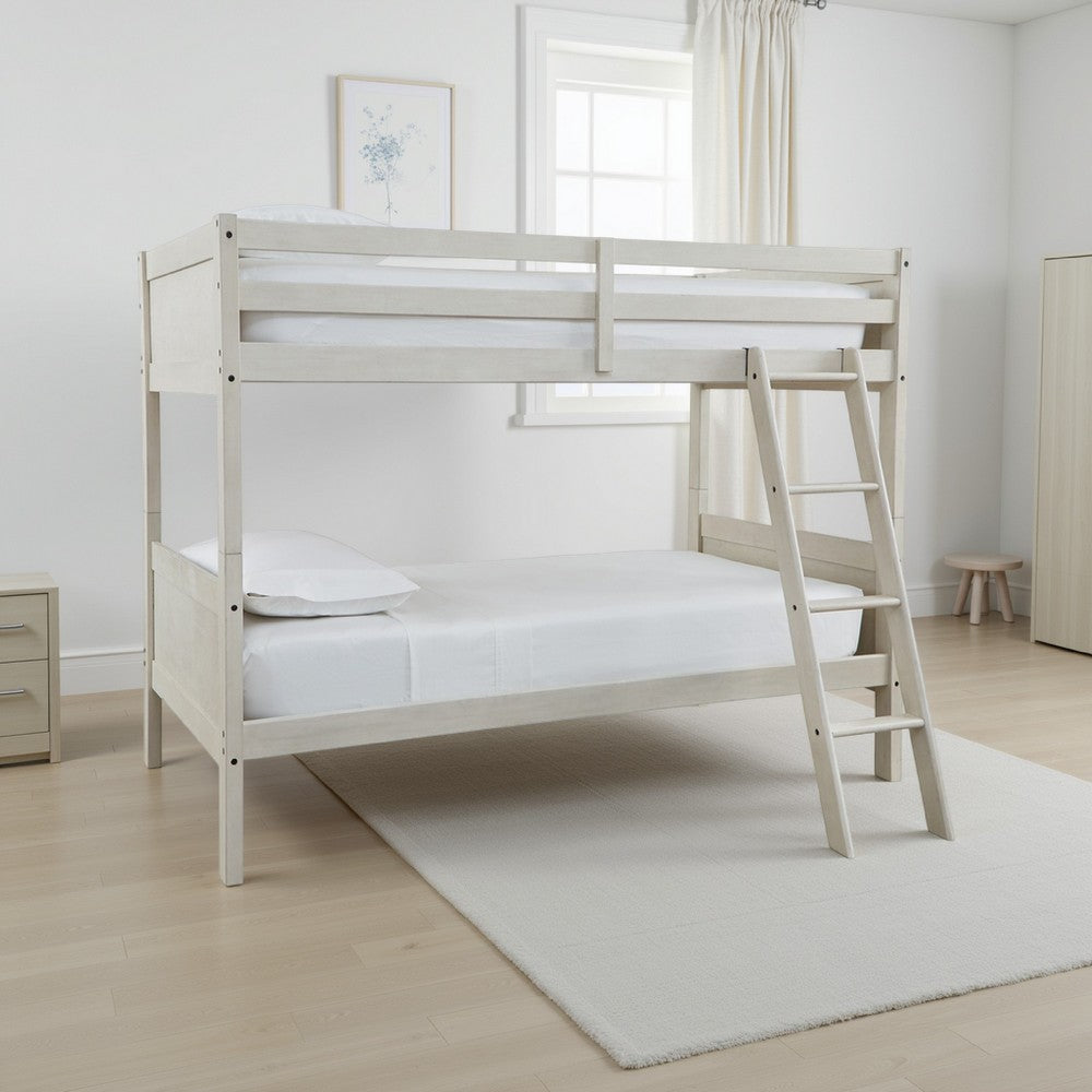 Lea Twin Size Bunk Bed, Wooden Ladder, Traditional Crisp White