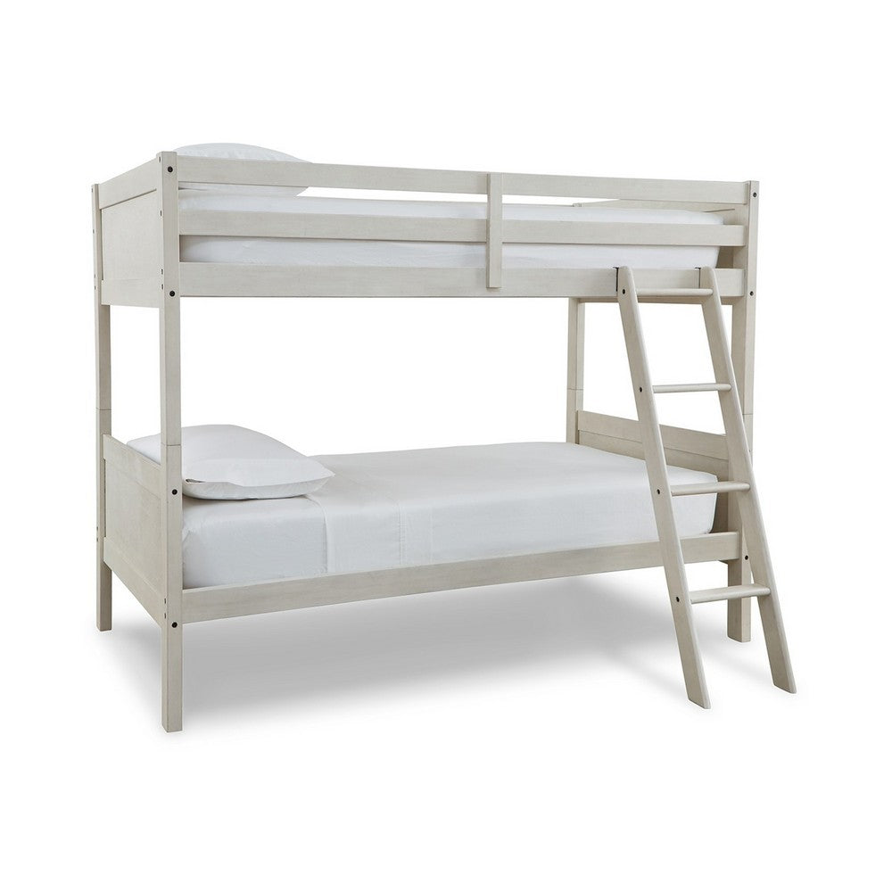 Lea Twin Size Bunk Bed, Wooden Ladder, Traditional Crisp White