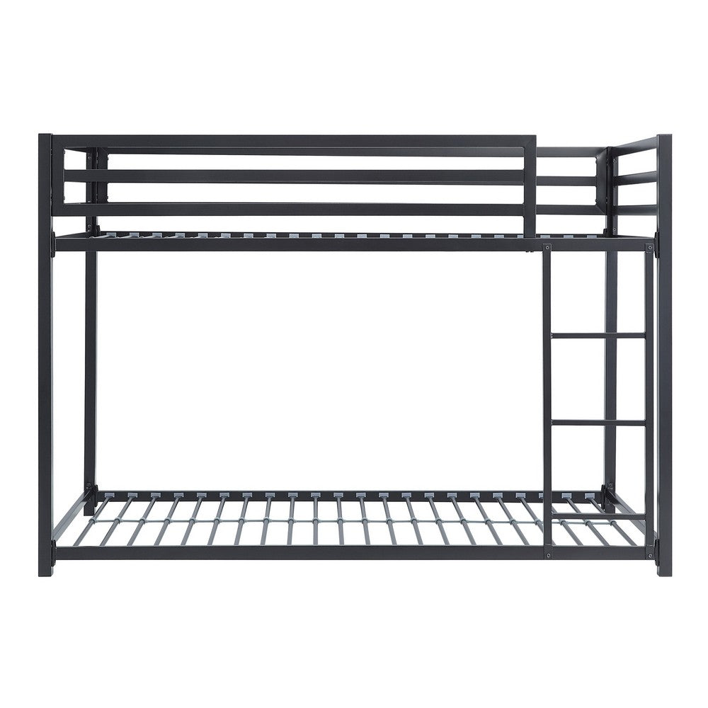 Ovi 78 Inch Twin Bunk Bed, Mounted Ladder, Ground Level Platform Bed, Black