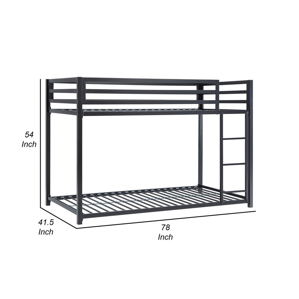 Ovi 78 Inch Twin Bunk Bed, Mounted Ladder, Ground Level Platform Bed, Black