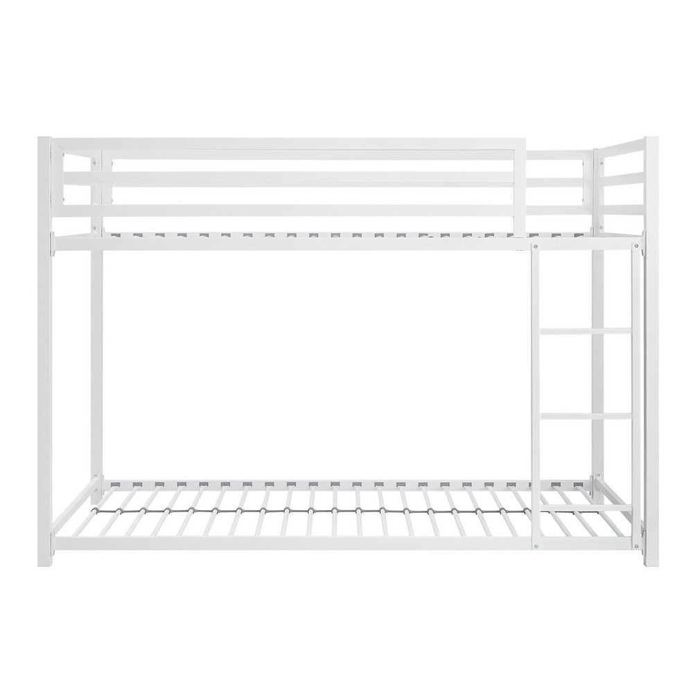 Ovi 78 Inch Twin Bunk Bed, Mounted Ladder, Ground Level Platform Bed, White