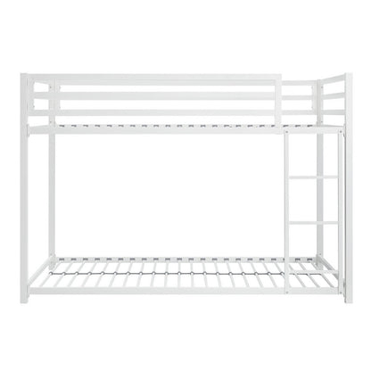 Ovi 78 Inch Twin Bunk Bed, Mounted Ladder, Ground Level Platform Bed, White