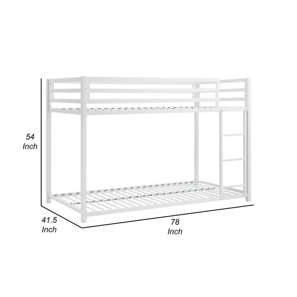 Ovi 78 Inch Twin Bunk Bed, Mounted Ladder, Ground Level Platform Bed, White