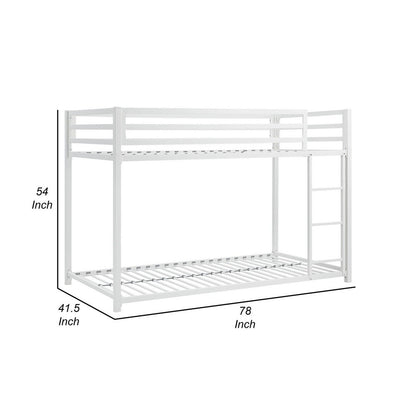 Ovi 78 Inch Twin Bunk Bed, Mounted Ladder, Ground Level Platform Bed, White
