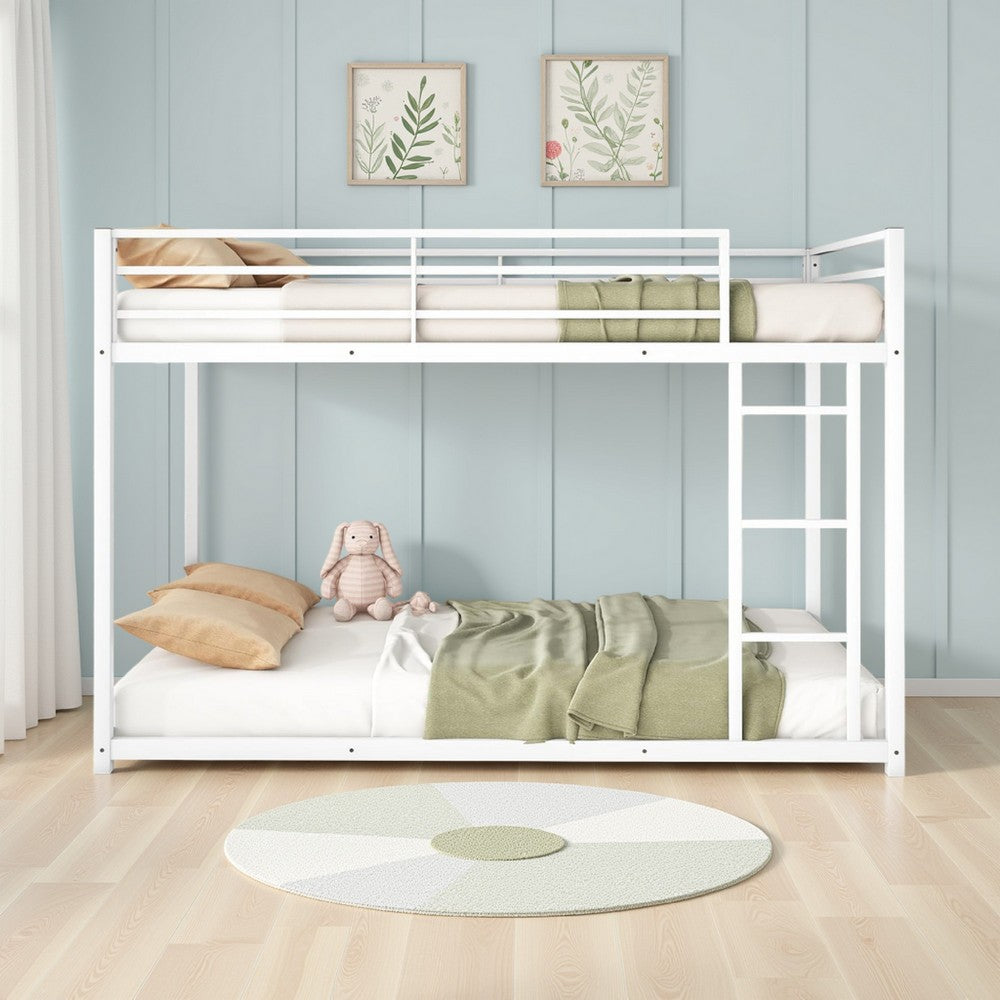 Ovi 78 Inch Twin Bunk Bed, Mounted Ladder, Ground Level Platform Bed, White