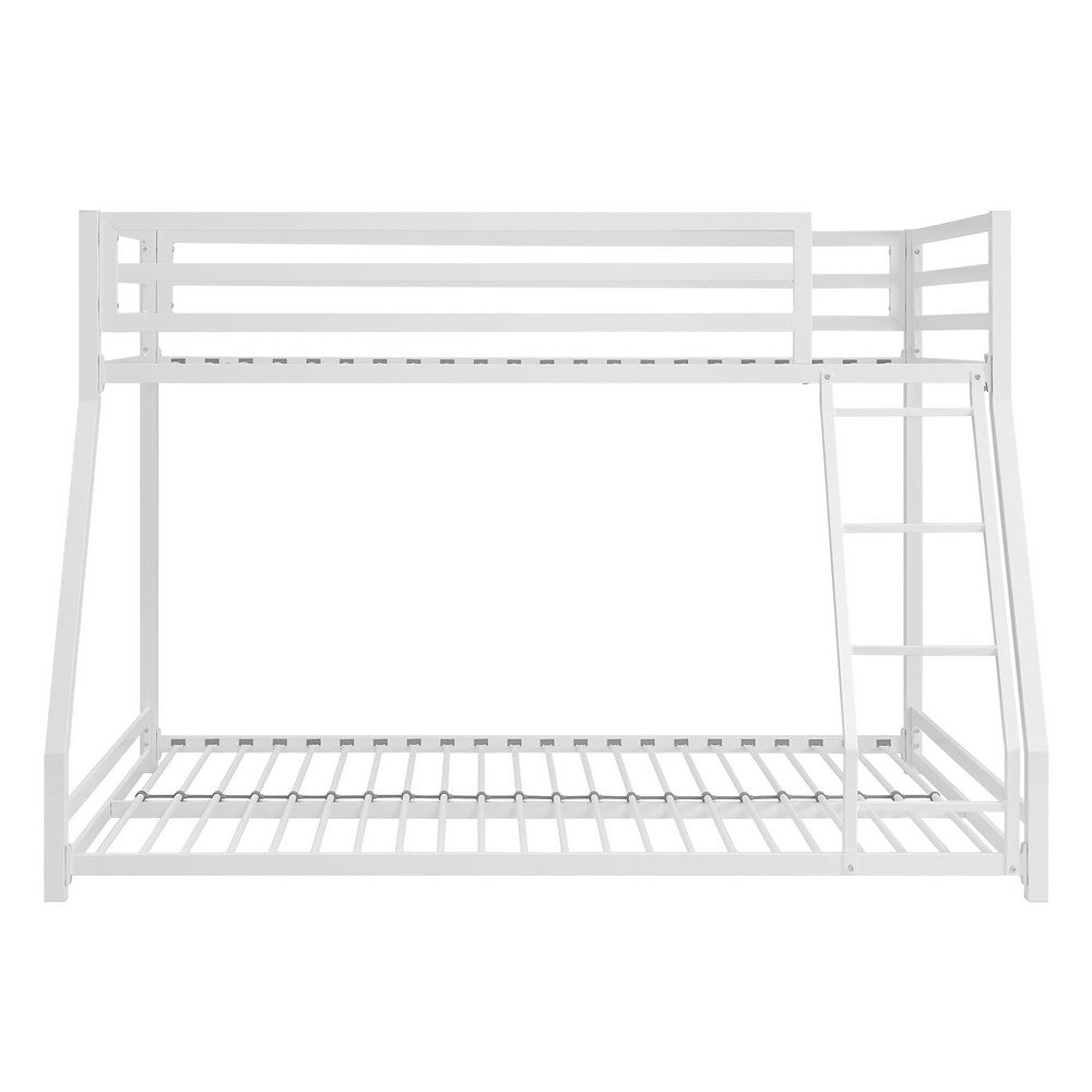 Ovi 78 Inch Twin over Full Bunk Bed, Ladder, Ground Level Bed, White Metal