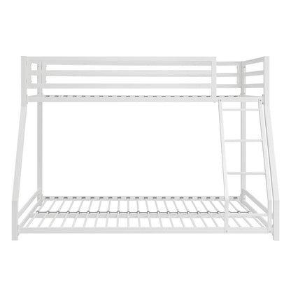 Ovi 78 Inch Twin over Full Bunk Bed, Ladder, Ground Level Bed, White Metal