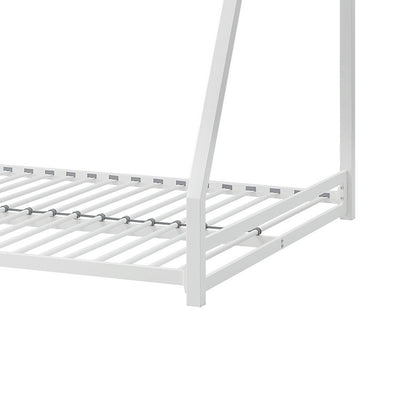 Ovi 78 Inch Twin over Full Bunk Bed, Ladder, Ground Level Bed, White Metal