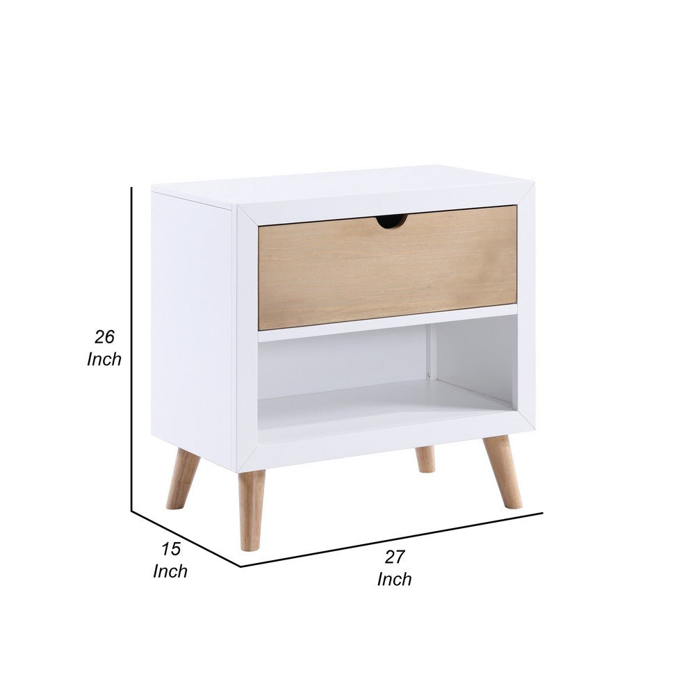 Kara 27 Inch Kids Nightstand, 1 Drawer, 1 Storage Cubby, White, Brown Wood