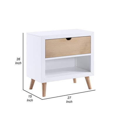 Kara 27 Inch Kids Nightstand, 1 Drawer, 1 Storage Cubby, White, Brown Wood