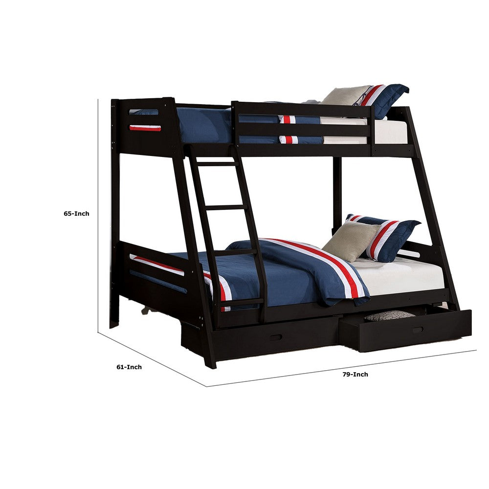 Emily Twin Over Full Bunk Bed with Ladder, 2 Drawers, Black Solid Wood