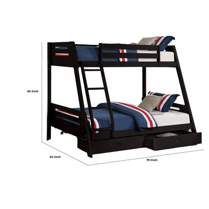 Emily Twin Over Full Bunk Bed with Ladder, 2 Drawers, Black Solid Wood