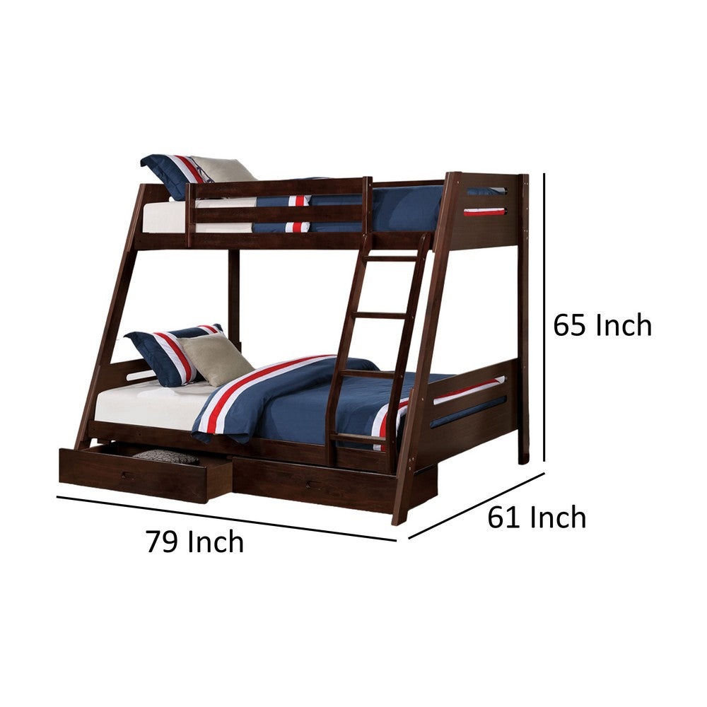 Emily Twin Over Full Bunk Bed with Ladder, 2 Drawers, Espresso Brown Wood