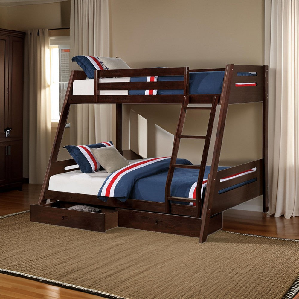 Emily Twin Over Full Bunk Bed with Ladder, 2 Drawers, Espresso Brown Wood