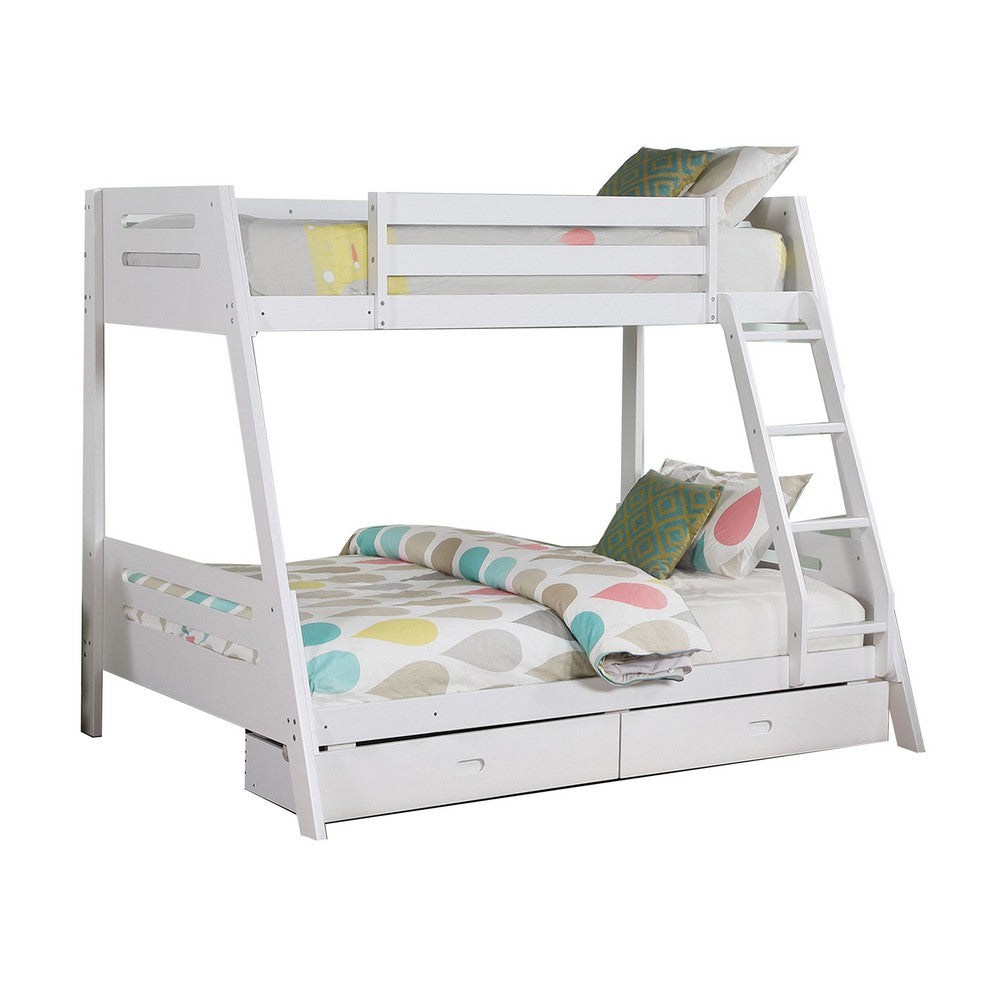 Emily Twin Over Full Bunk Bed with Ladder, 2 Drawers, White Solid Wood