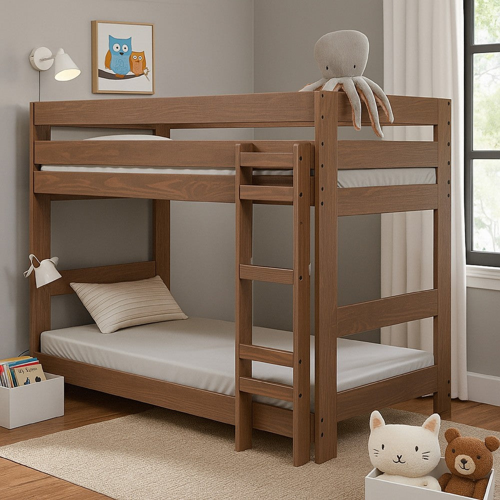 Twin/Twin Bunk Bed with Ladder, Brazilian Pine, Solid Wood, Mahogany