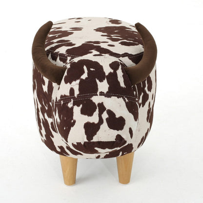 Massy Cow Kids Ottoman 25 Inches, Brown, White Velvet, Light Brown Horn