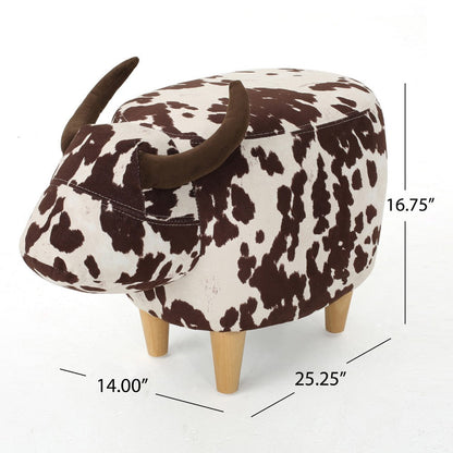 Massy Cow Kids Ottoman 25 Inches, Brown, White Velvet, Light Brown Horn