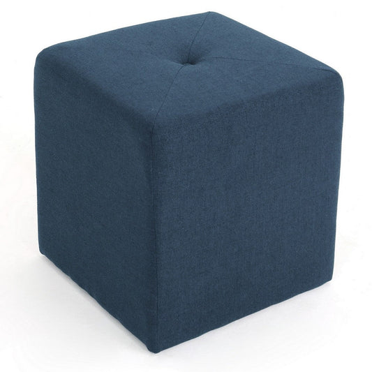 Liasa Ottoman, Cube Shape, Navy Blue Fabric, Plush Cushion, 17 Inch