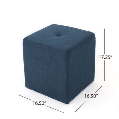 Liasa Ottoman, Cube Shape, Navy Blue Fabric, Plush Cushion, 17 Inch
