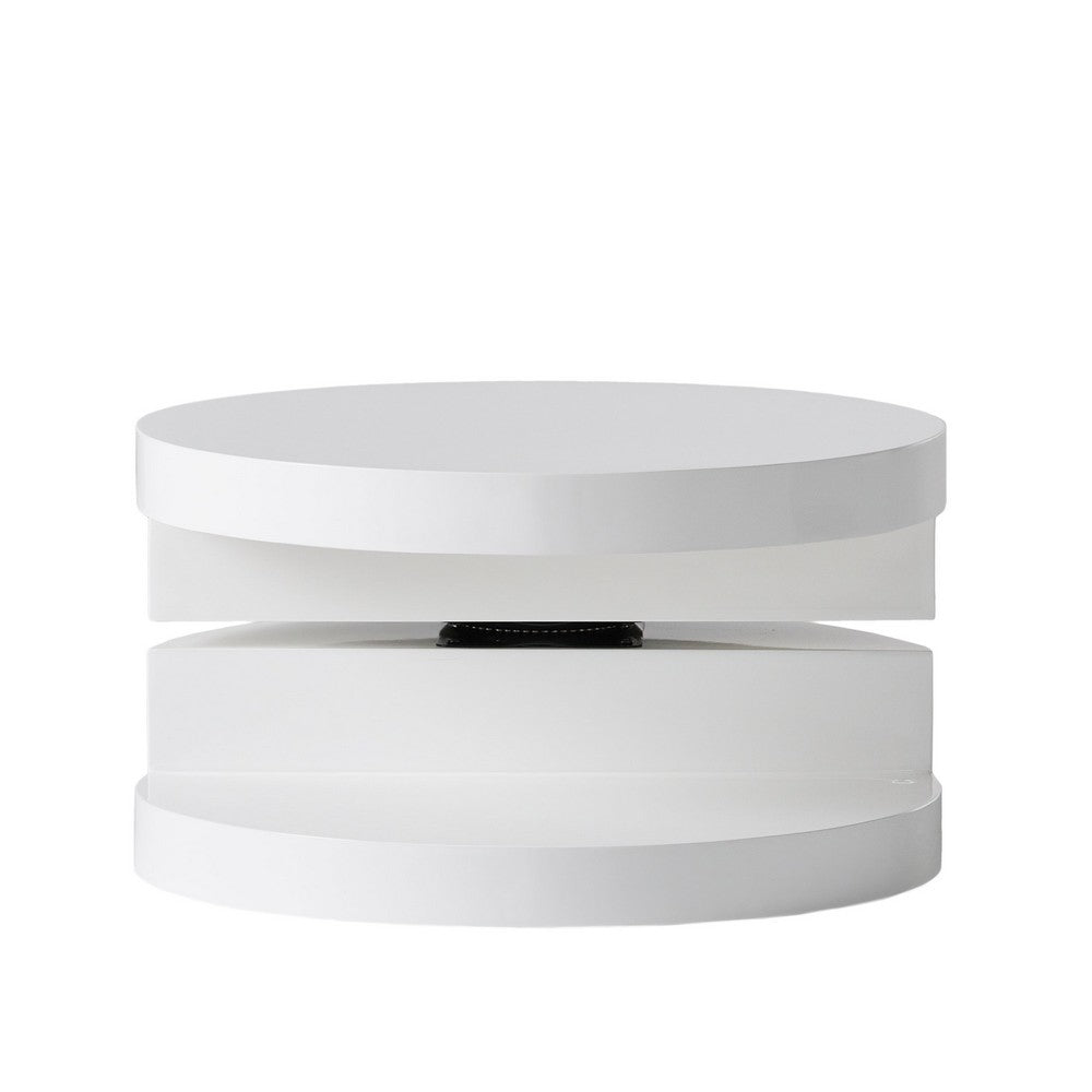 Coffee Table, Open Shelf, Rotating 24 Inch Modern Round White Top